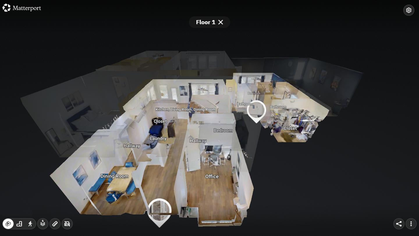 Matterport dollhouse view of an Austin home cut open from above, with each room labeled from the dining room and laundry to the office and bedrooms