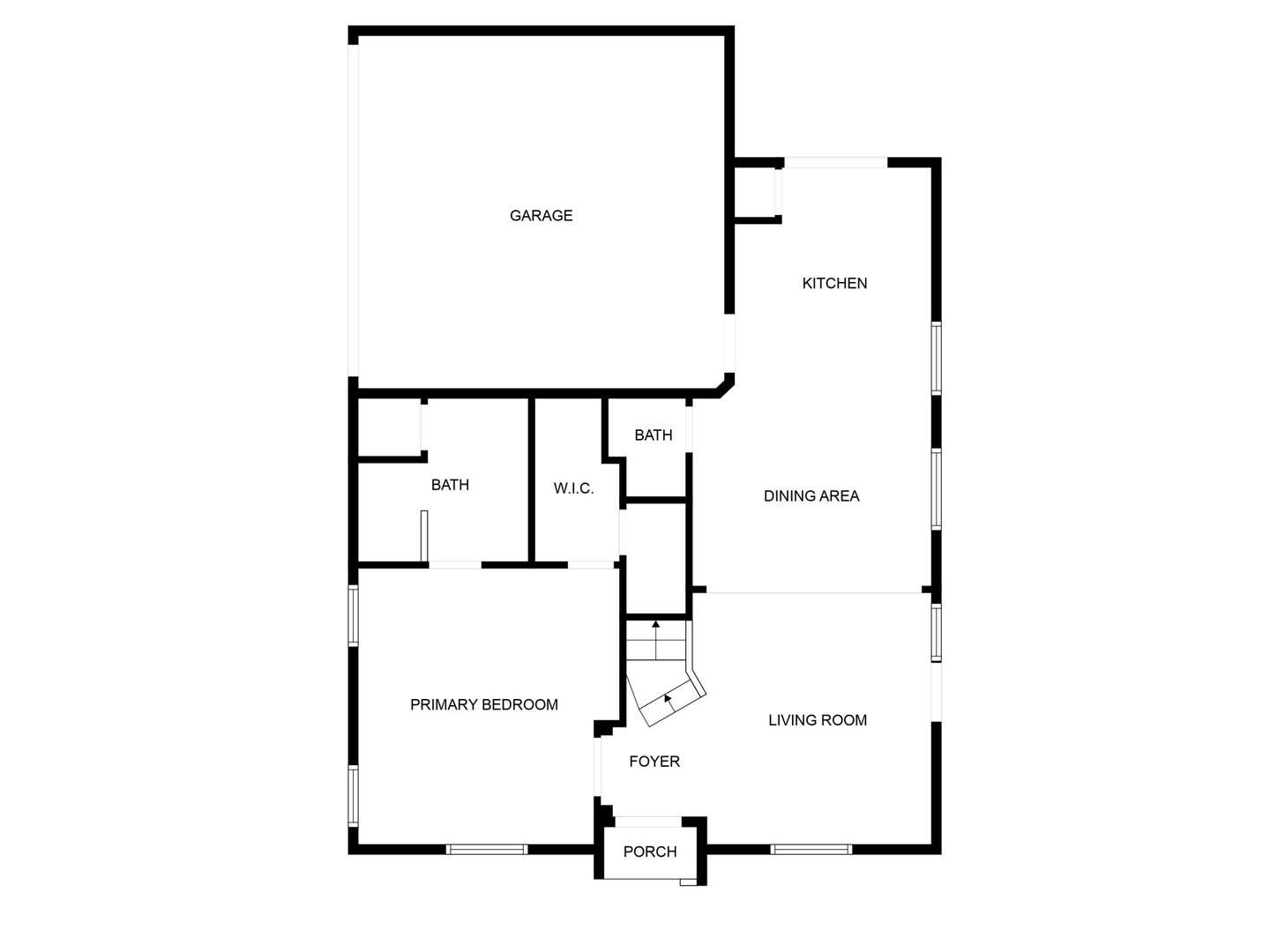Black and white line drawing floor plan of a single story home with labeled rooms