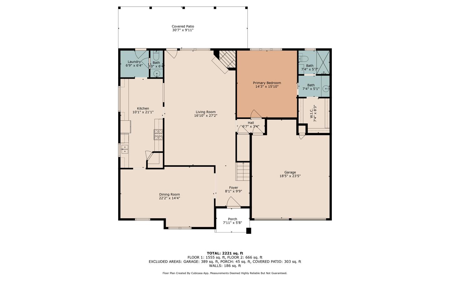 Measured 2D floor plan schematic showing room dimensions and total square footage