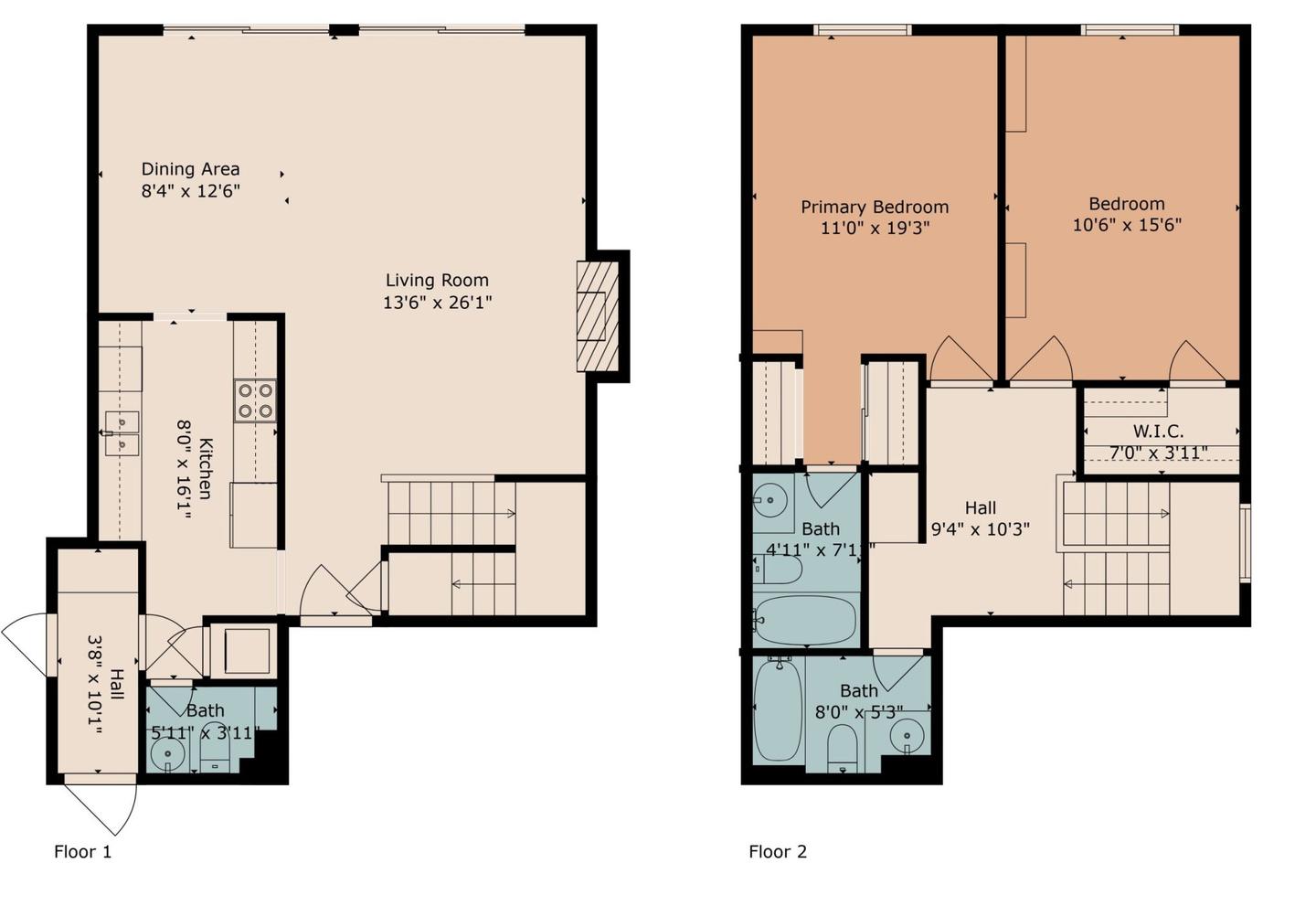 Measured two story floor plan for a Central Austin home shown as two floors side by side