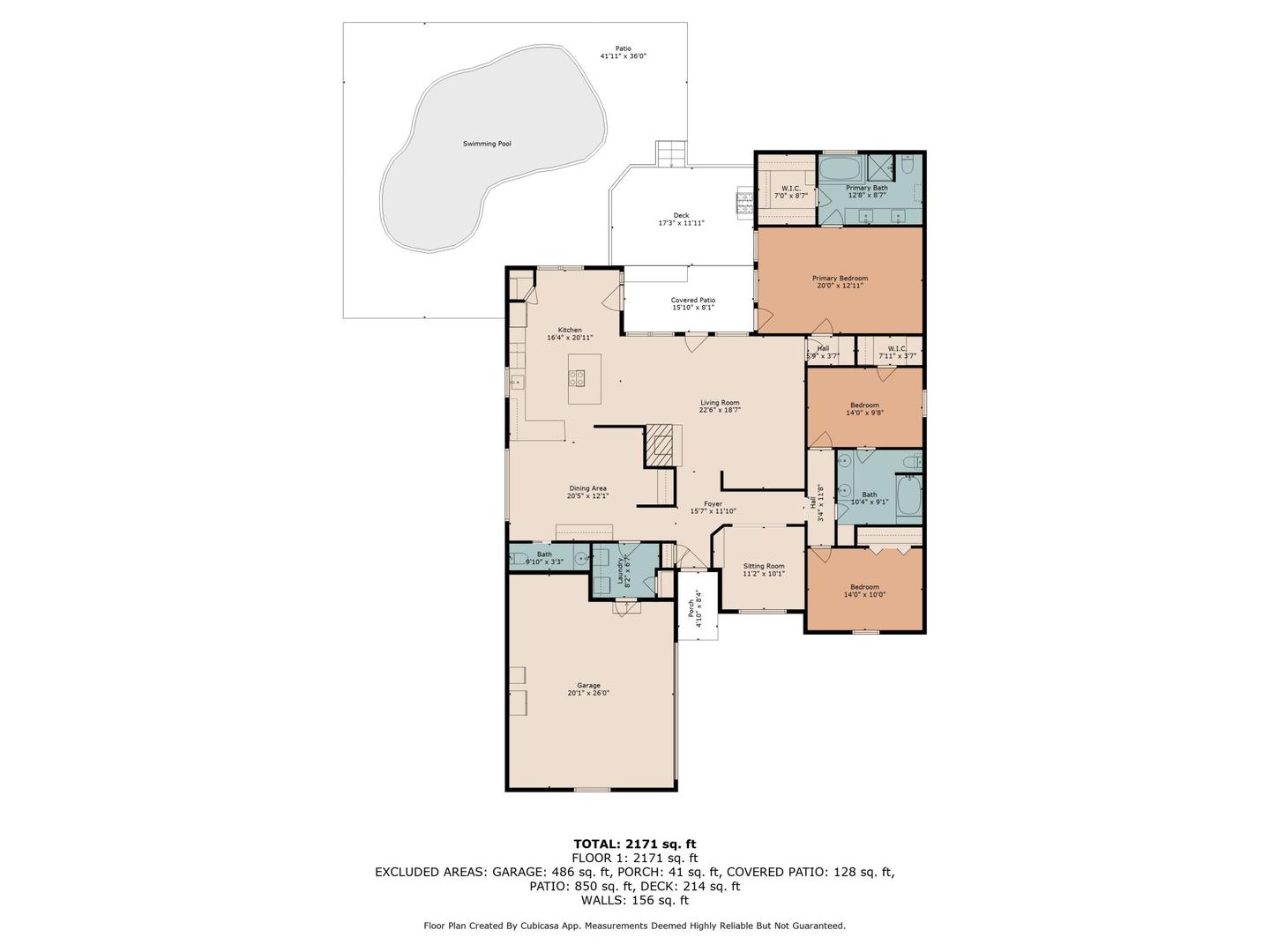 Measured single story floor plan showing a pool and covered patio alongside the interior rooms